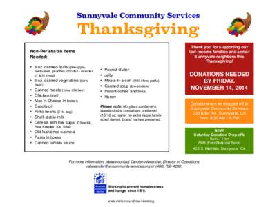 Sunnyvale Community Services  Thanksgiving Non-Perishable Items Needed:!