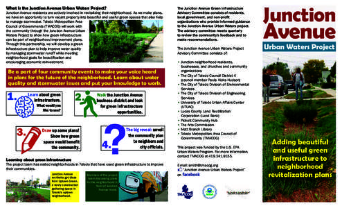 What is the Junction Avenue Urban Waters Project? Junction Avenue residents are actively involved in revitalizing their neighborhood. As we make plans, we have an opportunity to turn vacant property into beautiful and us