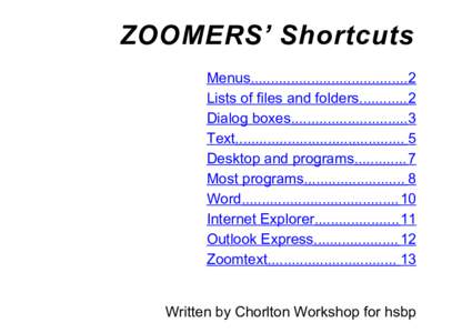 ZOOMERS’ Shortcuts Menus....................................... 2 Lists of files and folders[removed]Dialog boxes.............................3 Text.......................................... 5 Desktop and program
