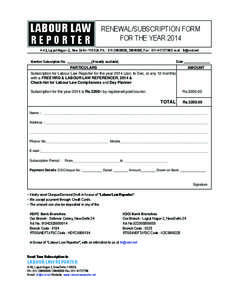 LABOUR LAW REPORTER RENEWAL/SUBSCRIPTION FORM FOR THE YEAR 2014