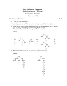 Tree Adjoining Grammar Zwis
henklausur - Lösung Laura Kallmeyer, Timm Li
hte WintersemesterSatz (1) hat zwei Lesarten: