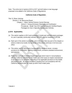 Note: The entire text of sections 2210 to 2217 set forth below is new language proposed to be added to the California Code of Regulations. California Code of Regulation. Title 13. Motor Vehicles Division 3. Air Resources