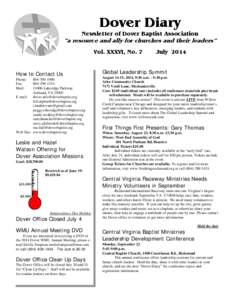 Dover Diary Newsletter of Dover Baptist Association “a resource and ally for churches and their leaders” Vol. XXXVI, No. 7