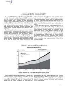 5. RESEARCH AND DEVELOPMENT At a record $147 billion in the President’s 2009 Budget, Federal research and development (R&D) comprises one out of every seven dollars funded in the discretionary budget and 5 percent of t