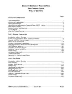 COMMUNITY EMERGENCY RESPONSE TEAM BASIC TRAINING COURSE TABLE OF CONTENTS PAGE Introduction and Overview