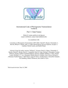 International Code of Phylogenetic Nomenclature Version 3a Part 1: Clade Names Philip D. Cantino and Kevin de Queiroz (equal contributors; names listed alphabetically)