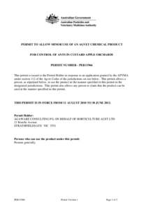 PERMIT TO ALLOW MINOR USE OF AN AGVET CHEMICAL PRODUCT  FOR CONTROL OF ANTS IN CUSTARD APPLE ORCHARDS PERMIT NUMBER - PER11966