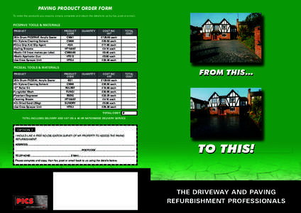 PAVING PRODUCT ORDER FORM To order the products you require, simply complete and return the details to us by fax, post or e-mail. PICSPAVE TOOLS & MATERIALS PRODUCT 25ltr Drum PICSPAVE Acrylic Sealer