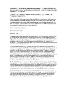 ADMINISTRATION OF GOVERNMENT GENERALLY: STATE AND LOCAL GOVERNMENT CONFLICT OF INTERESTS ACT - LOBBYING DISCLOSURE AND REGULATION ACT. CONTRACTS: VIRGINIA PUBLIC PROCUREMENT ACT - ETHICS IN PUBLIC CONTRACTING. Ethics pro