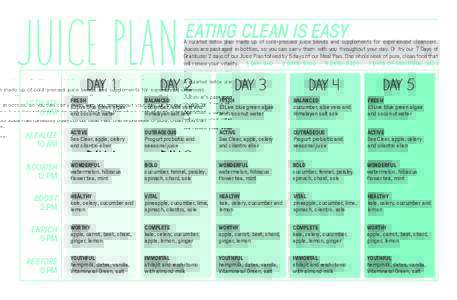 JUICE PLAN DAY 1 EATING CLEAN IS EASY  A curated detox plan made up of cold-pressed juice blends and supplements for experienced cleansers.