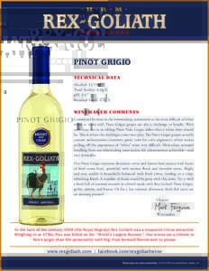 Appellation: Argentina  PINOT GRIGIO TECHNICAL DATA Alcohol: 12.5% Total Acidity: 6.0g/L