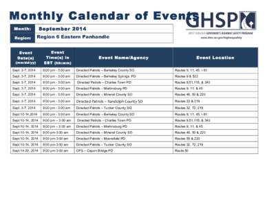 Monthly Calendar of Events September 2014 Month: Region: