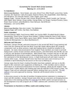 Accounting for Growth Work Group Summary Meeting #2: [removed]In Attendance: Work Group Members: Steve Harper, Jon Laria, Alison Prost, Mike Powell, Lynne Hoot, Sandy Coyman, Ann Swanson, Cathy Drzyzgula, Shannon Moore,