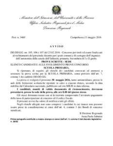 Ministero dell’Istruzione, dell’Università e della Ricerca Ufficio Scolastico Regionale per il Molise Direzione Regionale Prot. nCampobasso,13 maggio 2016