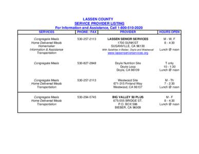 LASSEN COUNTY SERVICE PROVIDER LISTING For Information and Assistance, Call[removed]SERVICES  PHONE / FAX