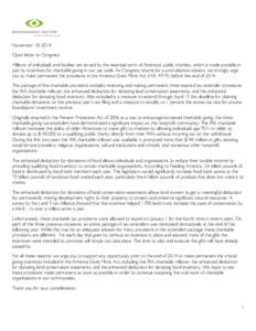 November 18, 2014 Open letter to Congress: Millions of individuals and families are served by the essential work of America’s public charities, which is made possible in part by incentives for charitable giving in our 