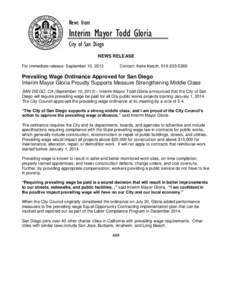 News from  Interim Mayor Todd Gloria City of San Diego NEWS RELEASE For immediate release: September 10, 2013