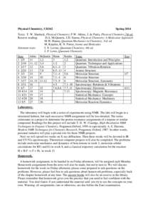 Physical Chemistry, CH342  Spring 2014 Texts: T. W. Shattuck, Physical Chemistry; P.W. Atkins, J. de Paula, Physical Chemistry 7th ed. Reserve reading: