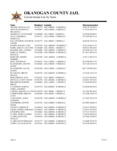 OKANOGAN COUNTY JAIL Current Inmate List, by Name Name Booking # ADAMS, GERALD LEE J14-02733