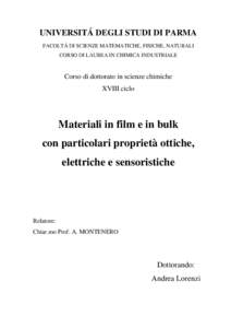 UNIVERSITÁ DEGLI STUDI DI PARMA FACOLTÁ DI SCIENZE MATEMATICHE, FISICHE, NATURALI CORSO DI LAUREA IN CHIMICA INDUSTRIALE