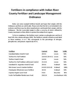Fertilizers in compliance with Indian River County Fertilizer and Landscape Management Ordinance