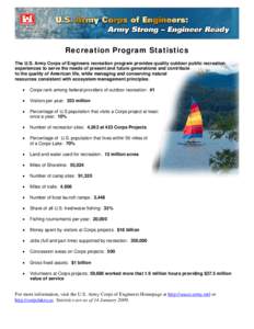Recreation Program Statistics The U.S. Army Corps of Engineers recreation program provides quality outdoor public recreation experiences to serve the needs of present and future generations and contribute to the quality 