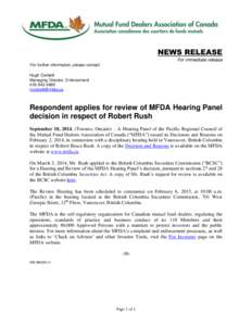 News release - Respondent applies for review of MFDA Hearing Panel decision in respect of Robert Rush