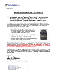 June 1, 2010  IMPORTANT SAFETY NOTICE (REVISED) To:  All Users of Survivair® Panther™ and Cougar™ Self-Contained