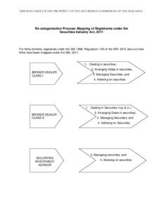 THIS DOCUMENT IS THE PROPERTY OF THE SECURITIES COMMISSION OF THE BAHAMAS  Re-categorization Process: Mapping of Registrants under the Securities Industry Act, 2011  For firms formerly registered under the SIA 1999, Regu