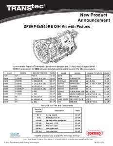    New  Product   Announcement   ZF8HP45/845RE O/H  Kit  with  Pistons   Now  available  TransTec®    overhaul  kit  2616  which  services  the  ZF  RWD/AWD  8-­speed  HP45  /  