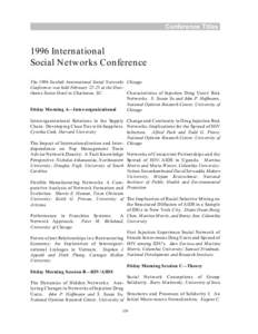 Conference TitlesInternational Social N etw orks Conference The 1996 Sunbelt International Social N etworks Chicago Conference was held Februaryat the Hawthorne Suites Hotel in Charleston, SC.