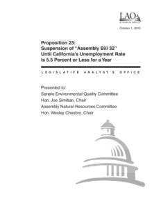 October 1, 2010  Proposition 23: Suspension of “Assembly Bill 32” Until California’s Unemployment Rate Is 5.5 Percent or Less for a Year