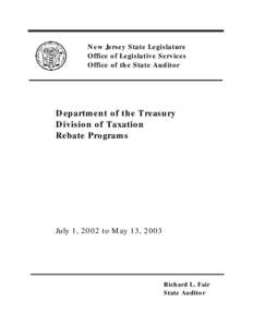 New Jersey State Legislature Office of Legislative Services Office of the State Auditor Department of the Treasury Division of Taxation