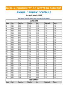 ANNUAL *ADHAN* SCHEDULE Revised: March, 2013 For Iqama Timings, please goto www.mcws.org/iqama JANUARY Date