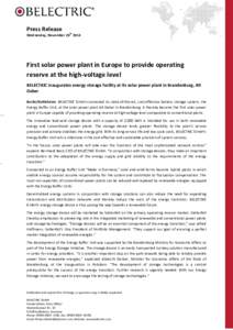 Press Release th Wednesday, NovemberFirst solar power plant in Europe to provide operating