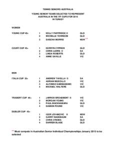 TENNIS SENIORS AUSTRALIA YOUNG SENIOR TEAMS SELECTED TO REPRESENT AUSTRALIA IN THE ITF CUPS FOR 2015 IN TURKEY  WOMEN