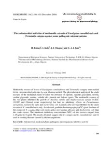 BIOKEMISTRI 16(2):[removed]December[removed]Printed in Nigeria The antimicrobial activities of methanolic extracts of Eucalyptus camaldulensis and Terminalia catappa against some pathogenic microorganisms