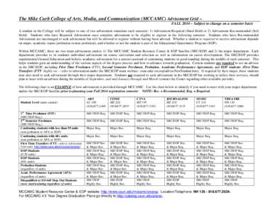 The Mike Curb College of Arts, Media, and Communication (MCCAMC) Advisement Grid – FALL 2014 – Subject to change on a semester basis A student in the College will be subject to one of two advisement situations each s