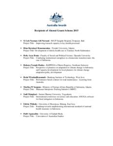 Recipients of Alumni Grants Scheme 2015  • Si Luh Nyoman Alit Nuryani - RSUP Sanglah Hospital, Denpasar, Bali Project Title: Improving research capacity in key health personnel