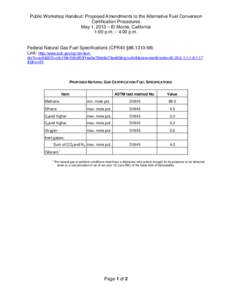 Public Workshop Handout: Proposed Amendments to the Alternative Fuel Conversion Certification Procedures May 1, 2013 – El Monte, California 1:00 p.m. – 4:00 p.m.  Federal Natural Gas Fuel Specifications (CFR40 §86.1