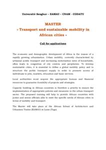 Université Senghor – EAMAU – CNAM - CODATU  MASTER « Transport and sustainable mobility in African cities » Call for applications