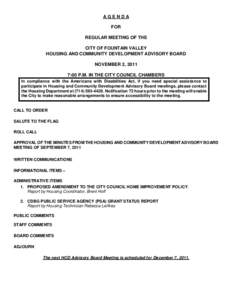 AGENDA FOR REGULAR MEETING OF THE CITY OF FOUNTAIN VALLEY HOUSING AND COMMUNITY DEVELOPMENT ADVISORY BOARD NOVEMBER 2, 2011