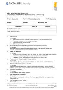 AS/NZS 4801 OHS20309 SAI Global SAFE WORK INSTRUCTIONS FOR [TITLE OF EQUIPMENT/MACHINERY/TECHNIQUE/PROCESS]