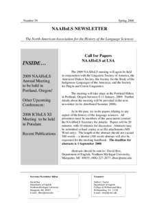 Number 39  Spring 2008 NAAHoLS NEWSLETTER The North American Association for the History of the Language Sciences