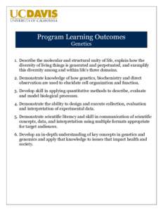 Program Learning Outcomes Genetics 1. Describe the molecular and structural unity of life, explain how the diversity of living things is generated and perpetuated, and exemplify this diversity among and within life’s t