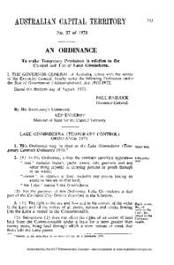 N o . 37 of[removed]AN ORDINANCE T o make Temporary Provisions in relation to the Control and U s e of Lake Ginninderra. I, T H E G O V E R N O R - G E N E R A L of Australia, acting with the advice