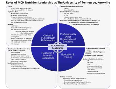 Roles of MCH Nutrition Leadership at The University of Tennessee, Knoxville ‐ Local •Knox County Health Department •East Tennessee Children’s Hospital ‐ Regional & State •Coordinated School