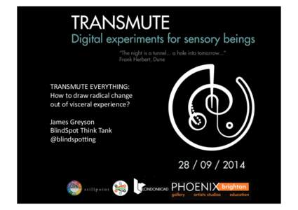 TRANSMUTE	
  EVERYTHING:	
   How	
  to	
  draw	
  radical	
  change	
   out	
  of	
  visceral	
  experience?	
   James	
  Greyson	
   BlindSpot	
  Think	
  Tank	
   @blindspoKng	
  