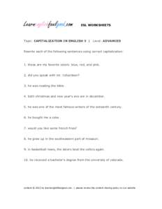 Learnenglishfeelgood.com  ESL WORKSHEETS Topic: CAPITALIZATION IN ENGLISH 3 |