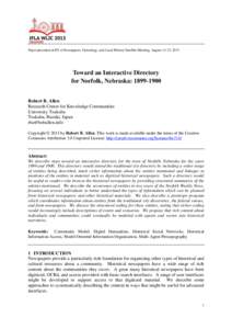 Paper presented at IFLA Newspapers, Genealogy, and Local History Satellite Meeting, August 14-15, 2013  Toward an Interactive Directory for Norfolk, Nebraska: [removed]Robert B. Allen Research Center for Knowledge Commu